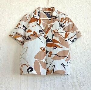 Rachel Zoe Abstract Floral Button Down Shirt Brown Black Lightweight Pajama Top